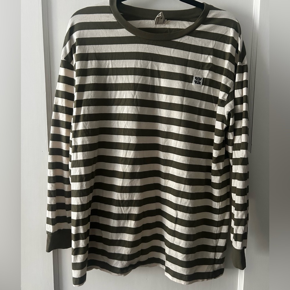 Kenny Long Sleeve Tee: ORGANIC COTTON - Green & Ecru Stripe, unisex medium